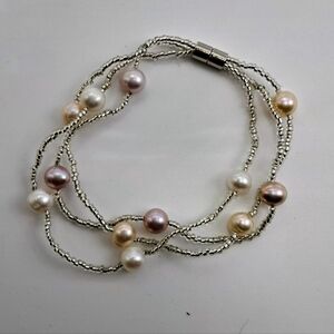 Multi Strand Beaded Silver Tone Bracelet